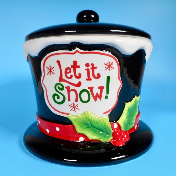 Let it Snow Snowman Top Hat Cookie Jar Christmas Holly Holiday Large Black